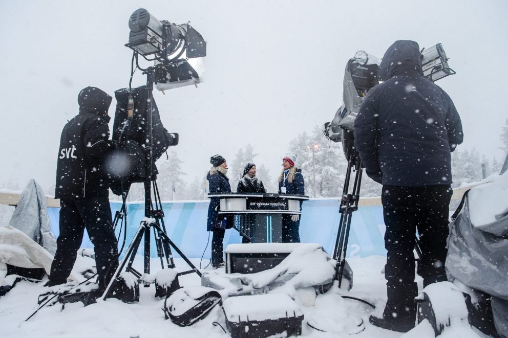SVT's studio med Yvette Hermundstad, Kultur- och idrottsminister Amanda Lind och svenska skidförbundets ordförande Karin Mattsson under dag 7 av SM-veckan den 3 februari 2019 i Sundsvall.